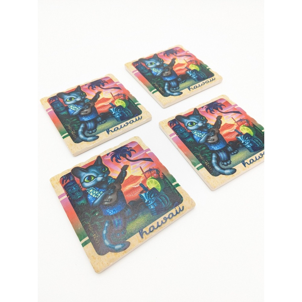 Cat Playing Ukulele Ceramic Coasters Set Aloha Hula Hawaii Tiki Bar Summer Party - Picture 4 of 8